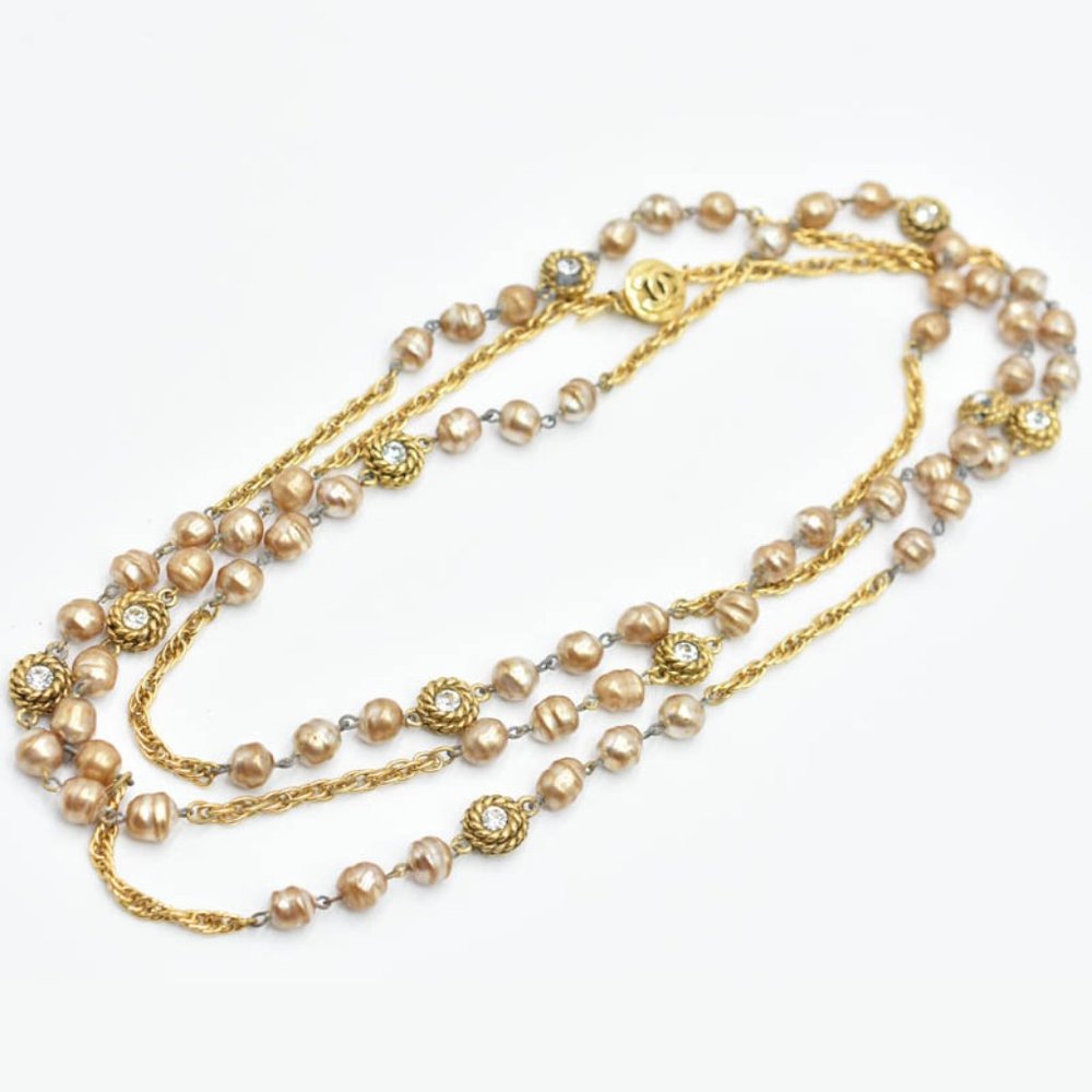 CHANEL CC Pearl & Diamond Extra Long Vintage Necklace 1980s w/Box - Picture 8 of 15